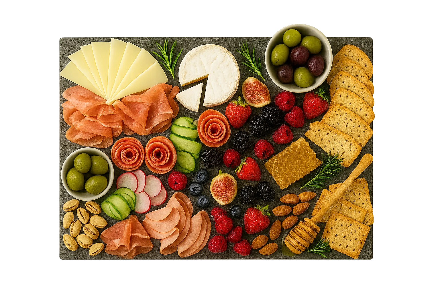 Styled charcuterie board with cheeses, meats, and fruit